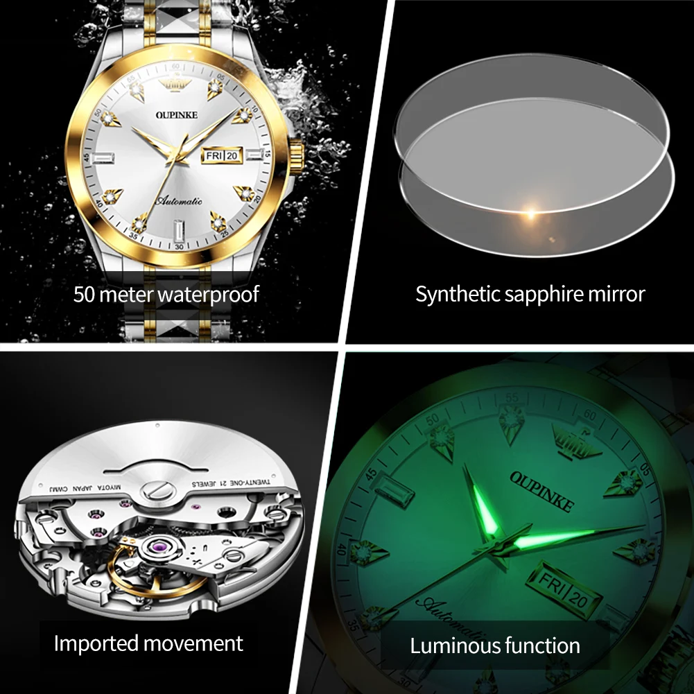 OUPINKE 3286 Men High end Fully Automatic Mechanical Watch Original HD Diamond Dial Tungsten Steel Strap Waterproof Men Watch