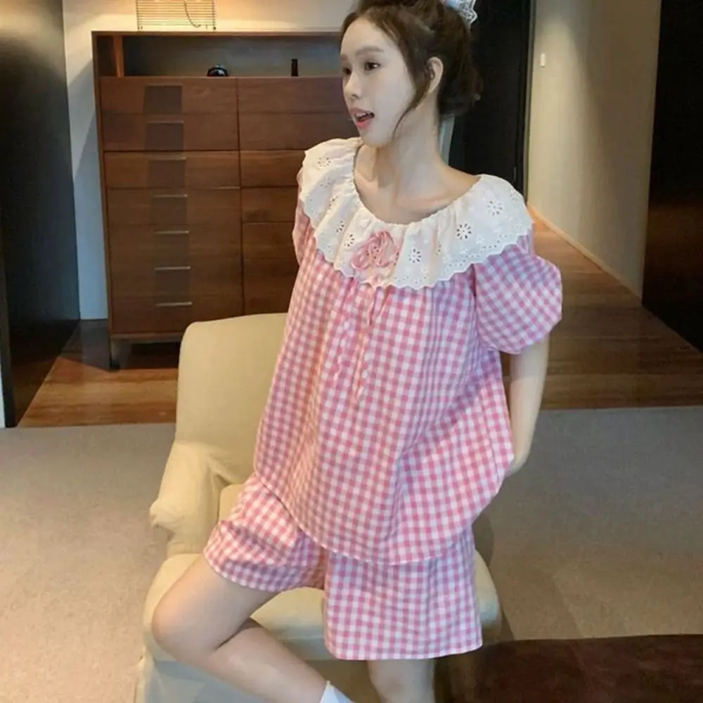 

Lace Ruffle Lace Grid Pajama Suit Round Neck Short Sleeve Shorts Camisole Nightwear Loose Women Homewear