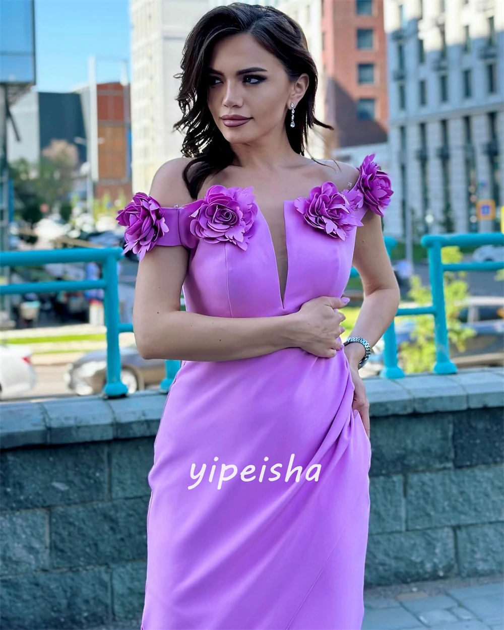 Customized  Evening Satin Handmade Flower Birthday A-line Off-the-shoulder Bespoke Occasion Gown Midi Dresses