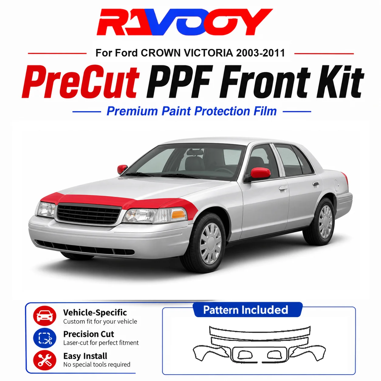 

8.5mil TPU Precut PPF Kit For Ford CROWN VICTORIA 2003-2011 - Hood, Fenders & Mirror Set - Self-Healing Clear Bra Film