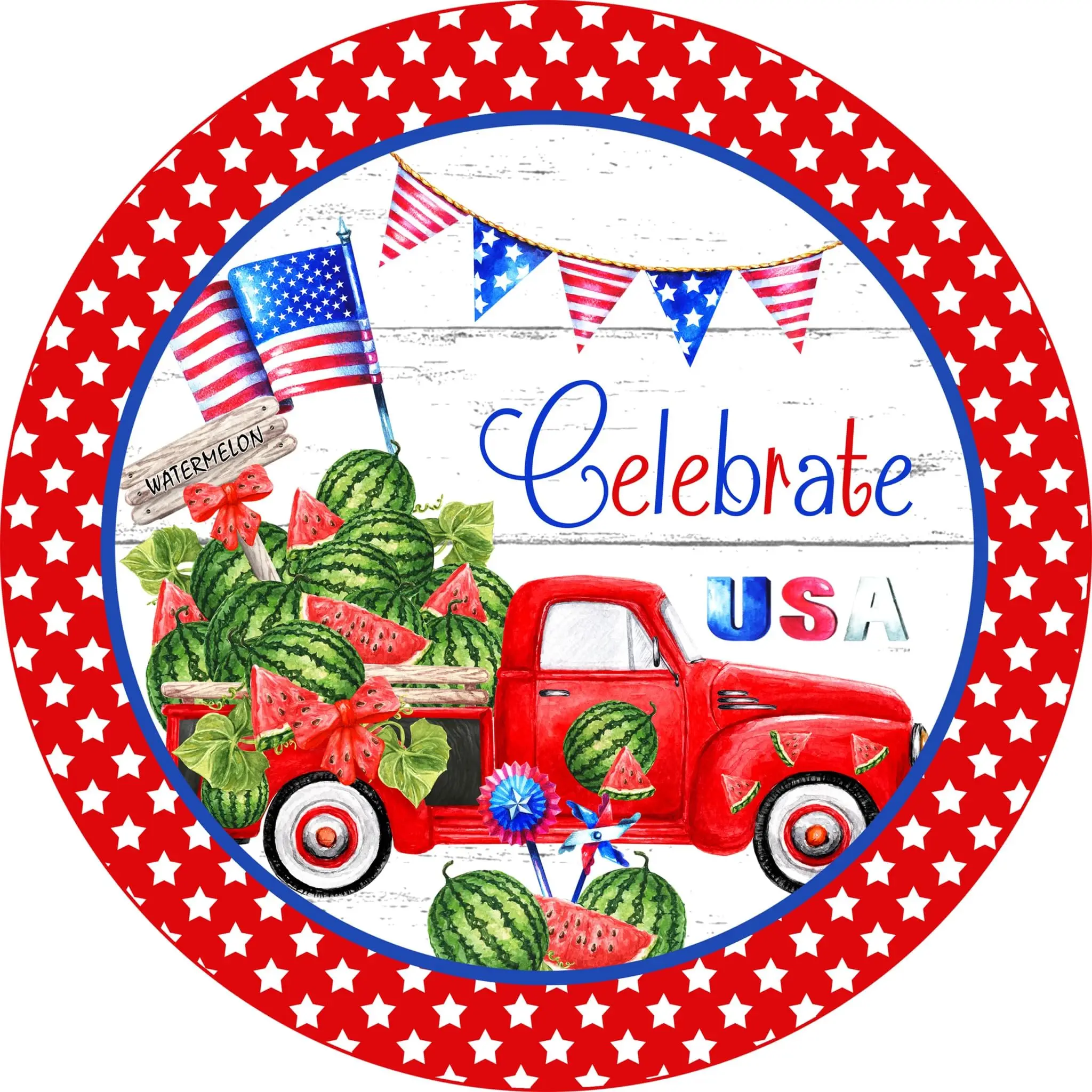 Round Metal Tin Sign Celebrate USA Sign, Watermelon Sign, Red Truck Sign, Patriotic Sign, 4th of July Sign, Signs, Summer Sign R