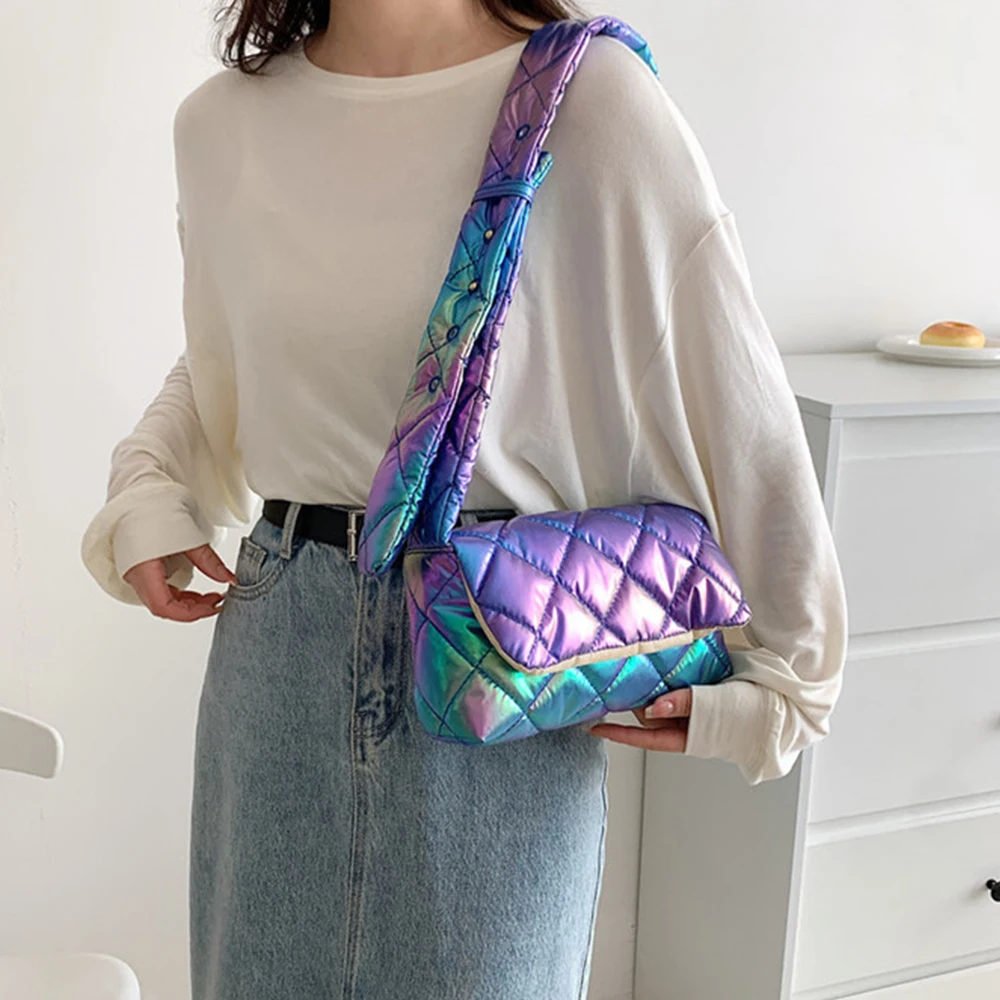 Laser Lingge Crossbody Bag Small Quilt Padded Women Shoulder Bag Soft Cotton Handbags Designer Tote Female Nylon Phone Flap Chic