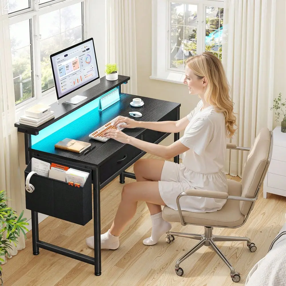 31.5 D Office Desk With LED Strip Lights Ergonomic Monitor Stand 2 Fabric Drawers And Side Pocket Computer Desk For Bedroom,Offi