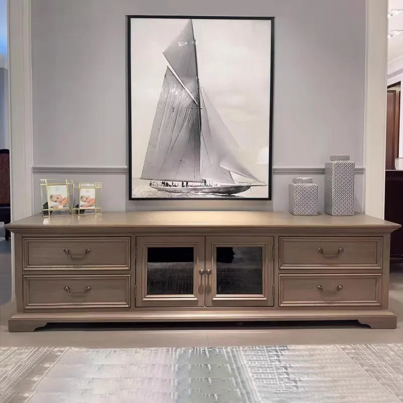 model, manor American solid wood TV cabinet, apartment type, living room floor cabinet, villa living room log wind