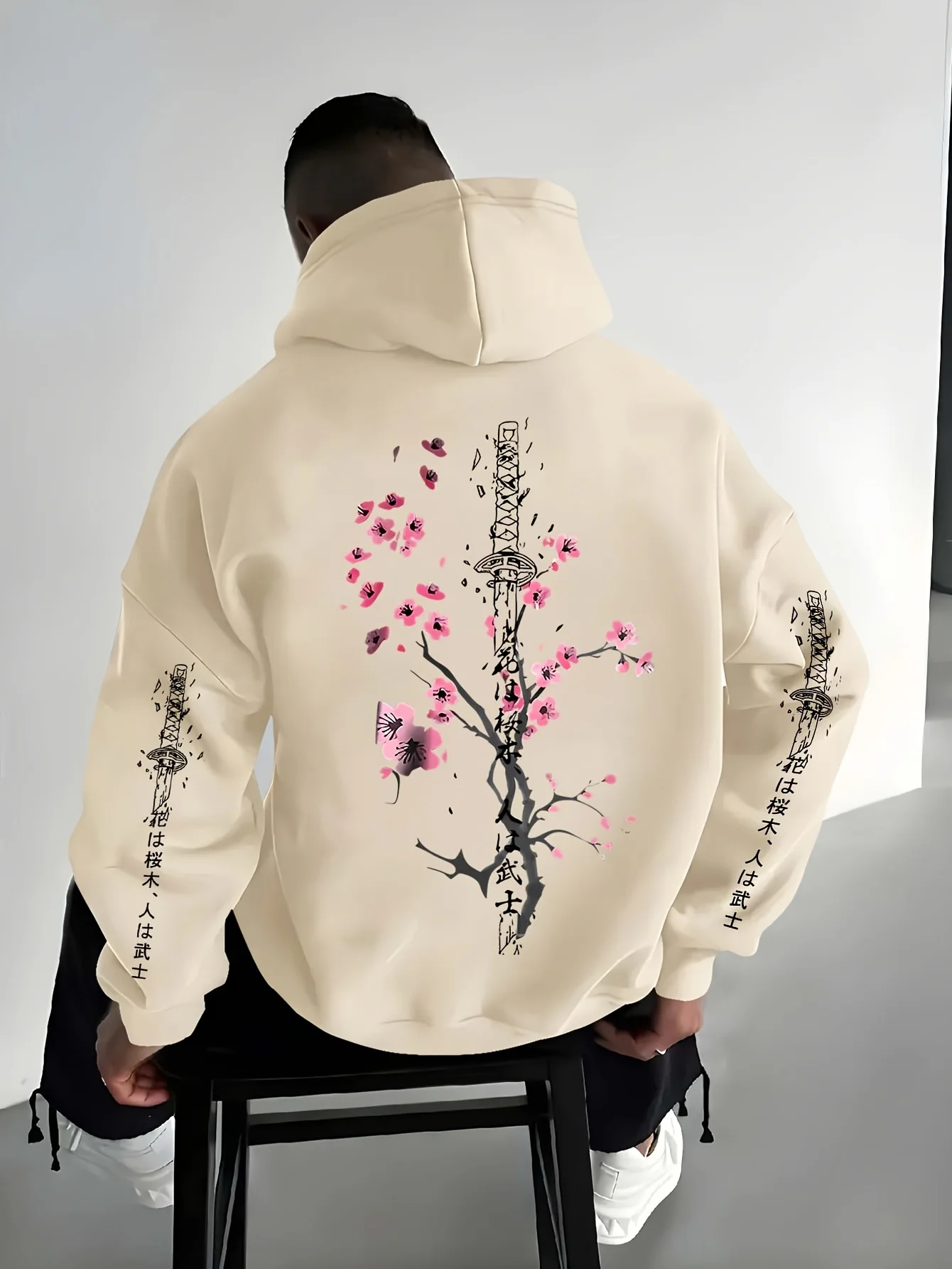 Herren-Hoodie im japanischen orientalischen Stil für Herbst und Winter mit Samurai-Schwert- und Sakura-Tuschemalerei-Print, lässiger Streetwear-Fleece-Pullover – Detail 3