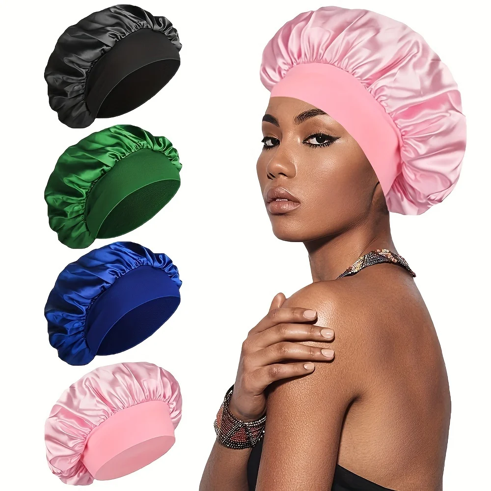 4 pcs Satin Hair Bonnet with Wide Elastic Band - Perfect for Sleeping, Showering, and Curly/Natural Hair Care
