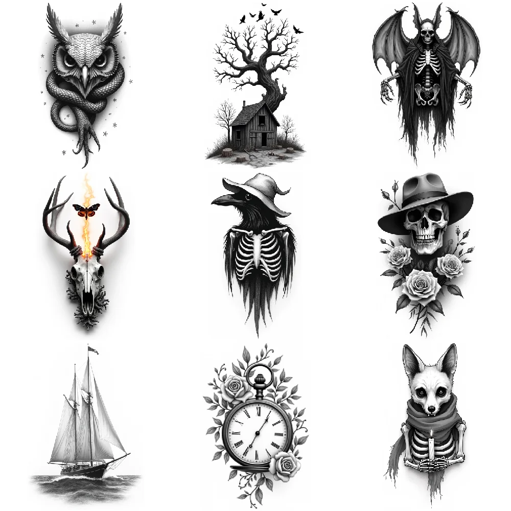 

3pcs Temporary Tattoo Waterproof Long-lasting Body Stickers Haunted House Owl And Snake Grim Reaper Bird For Adults Arms Women