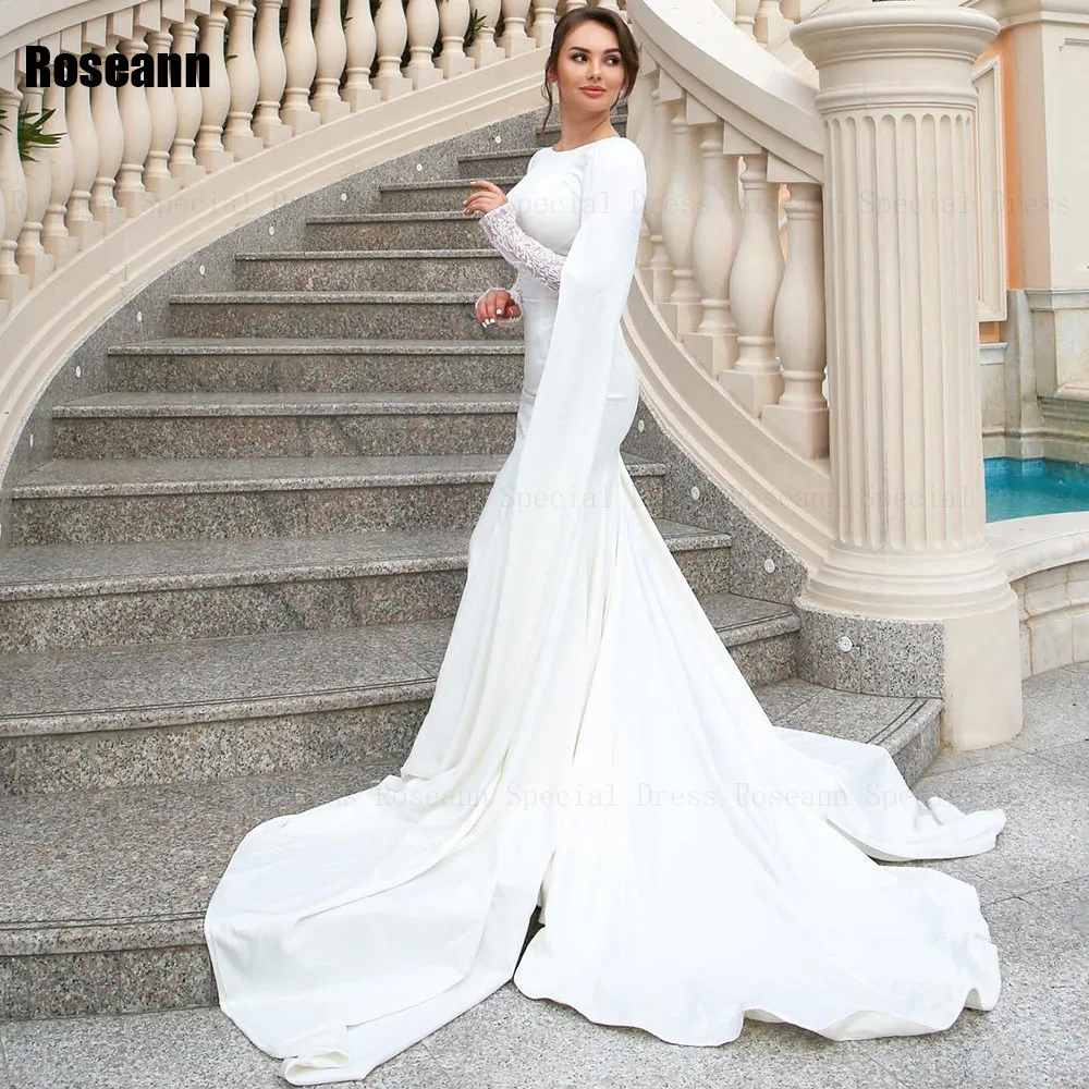 Muslim Simple 2024 New A-line Wedding Dresses O-Neck Applique Lace Ivory Brush Train Floor Length Bride Dress robe de mariée
