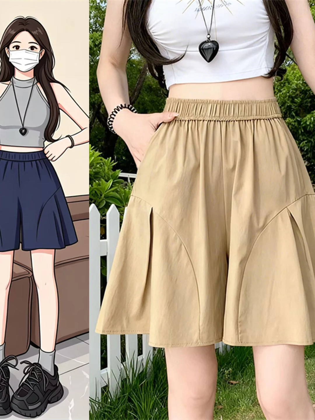 

Женские летние шорты-юбка с высокой талией из ледяного шелка, тонкие, широкие, свободные, повседневные, популярные, в корейском стиле, из чистого шелка