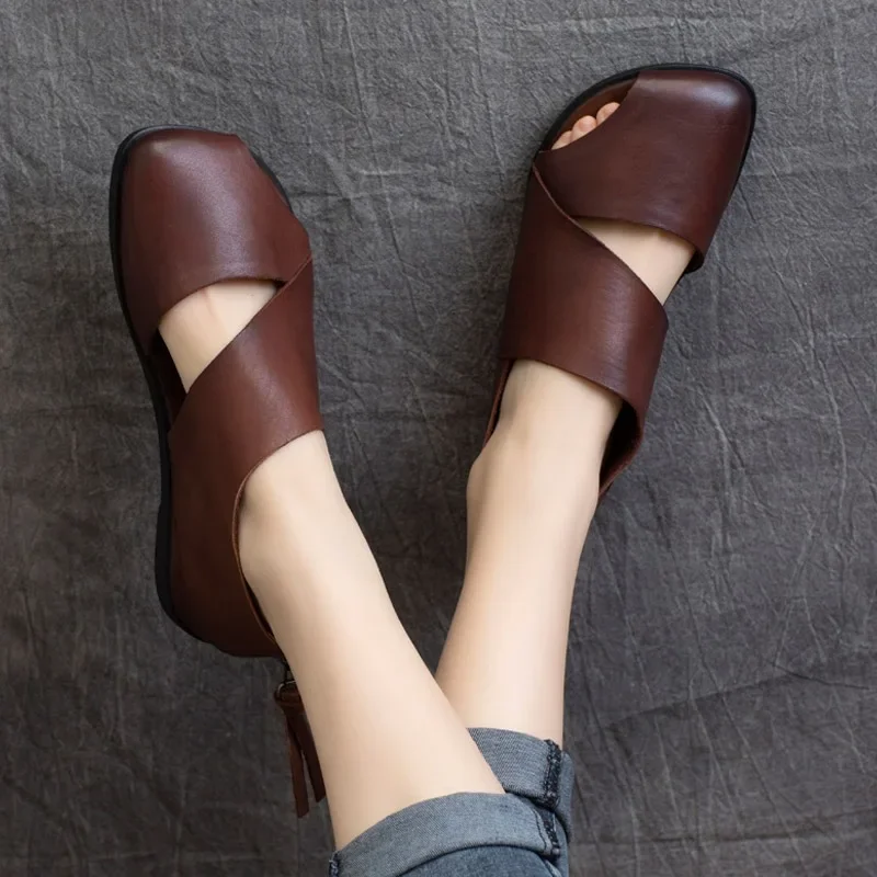 Birkuir Retro Flats Sandals Women Low Heel Hollow Out Loafers Genuine Leather Luxury Slides Back Zippers Soft Flat Heel Sandals
