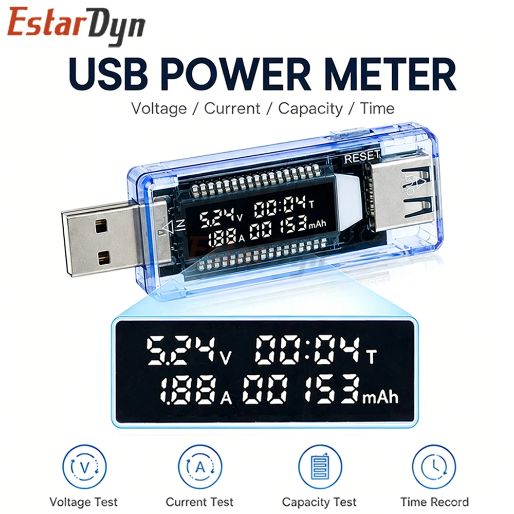 

Estardyn USB Tester Voltmeter Ammeter Capacity Meter with Time Display for Power Bank Charger Detector