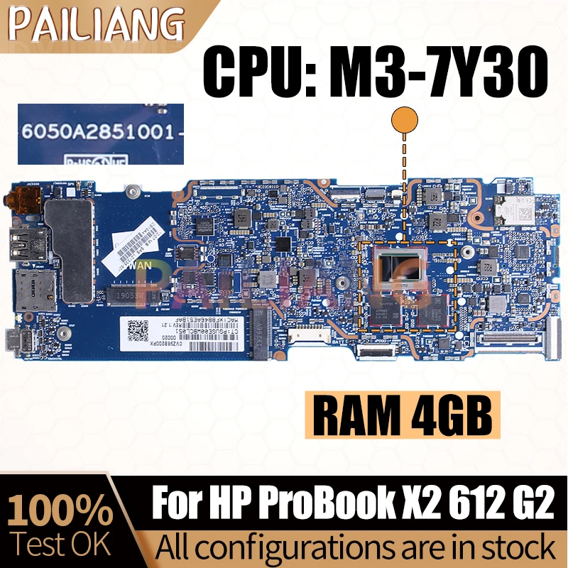 For HP Probook X2 612 G2 Notebook Mainboard 6050A2851001 SR347 M3-7Y30 L01335-601 With RAM Laptop Motherboard Full Tested