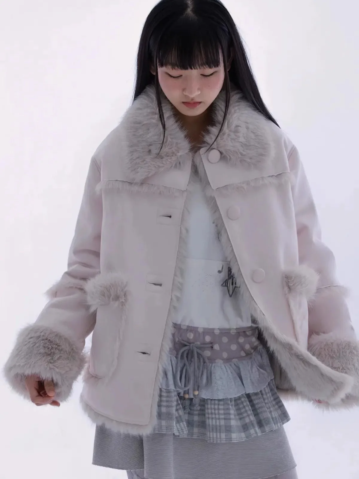 

Warmth Plu Inteated Fur Jaet Eco-friendly Sli Japanese Girl Sle Smoidhugyourskn Women's Coat Polyester