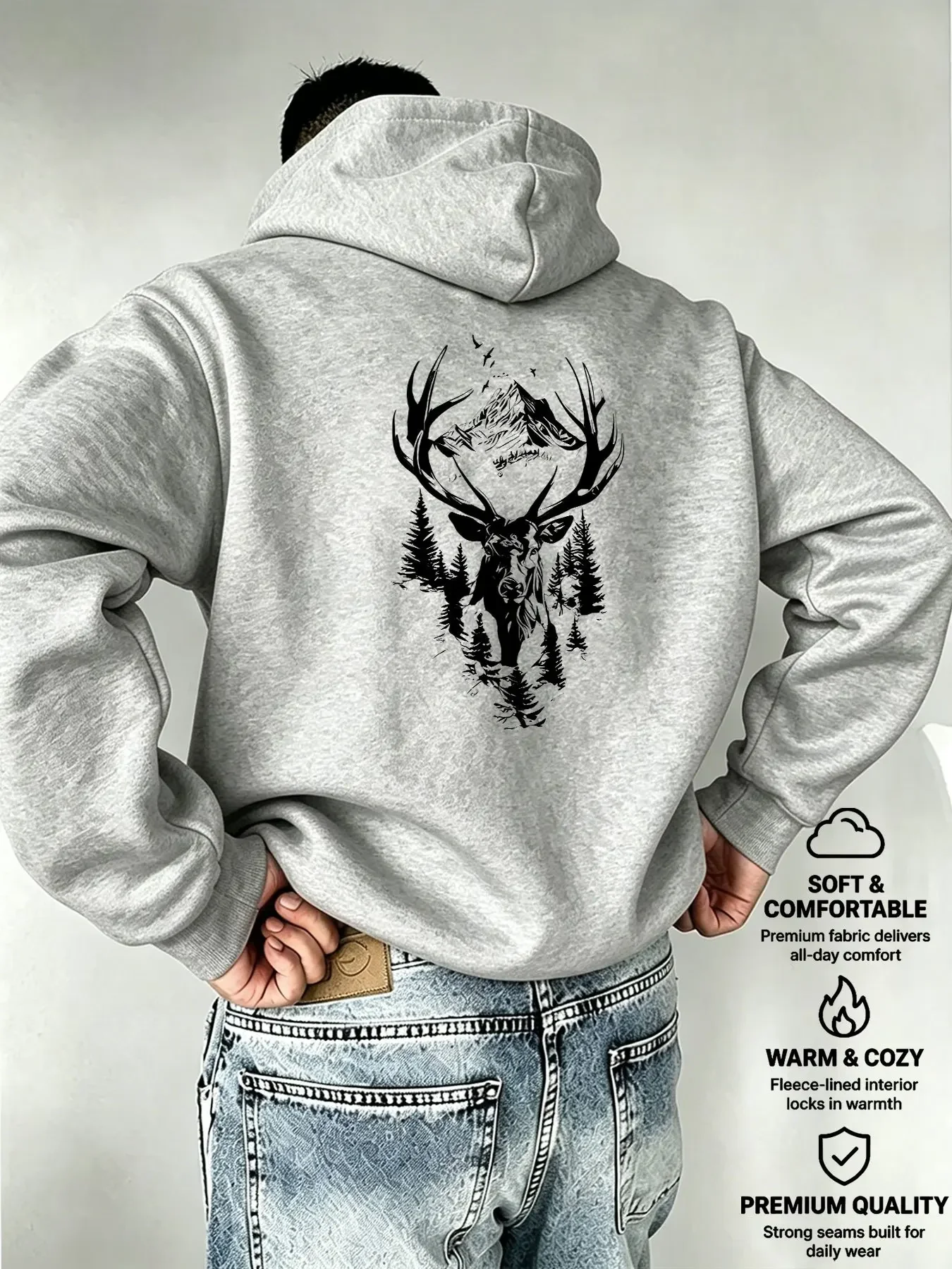 Men's Fleece-Lined Hoodie with Deer Head & Forest Graphic – Retro Wilderness-Style Loose Streetwear Pullover for Autumn/Winter