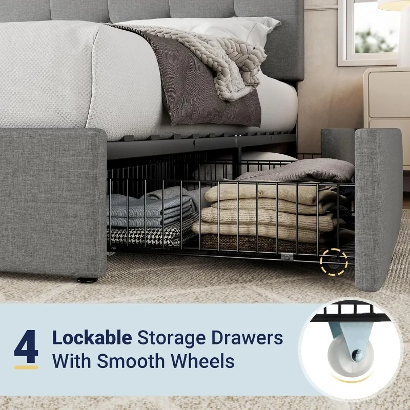 إطار سرير منجد بمنصة بحجم كينج مع 4 أدراج تخزين ولوح رأسي، وزر مخيط مربع معنقدة