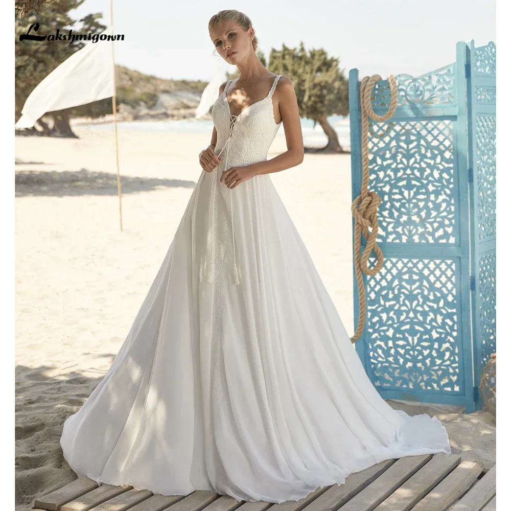 

2025 Beach Sexy V Neck Lace Up Spaghetti Straps Open Back Chiffon A Line Wedding Dress For Women Boho Bridal Gown Sweep vestidos