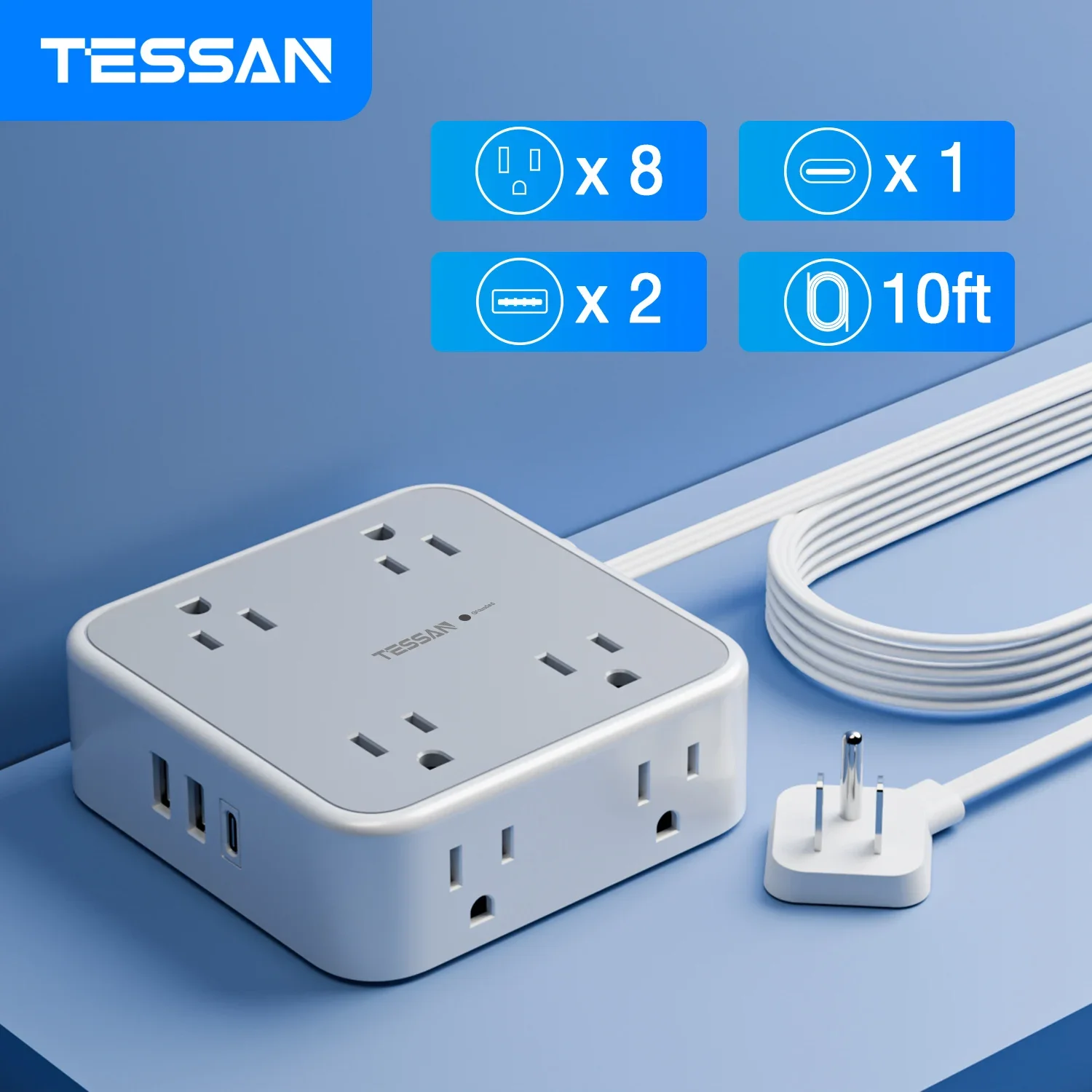 TESSAN Ultra Thin Flat Power Strip Plug with 8 Outlets & 3 USB, Multi Outlet Surge Protector with 5FT/10FT Extension Cable