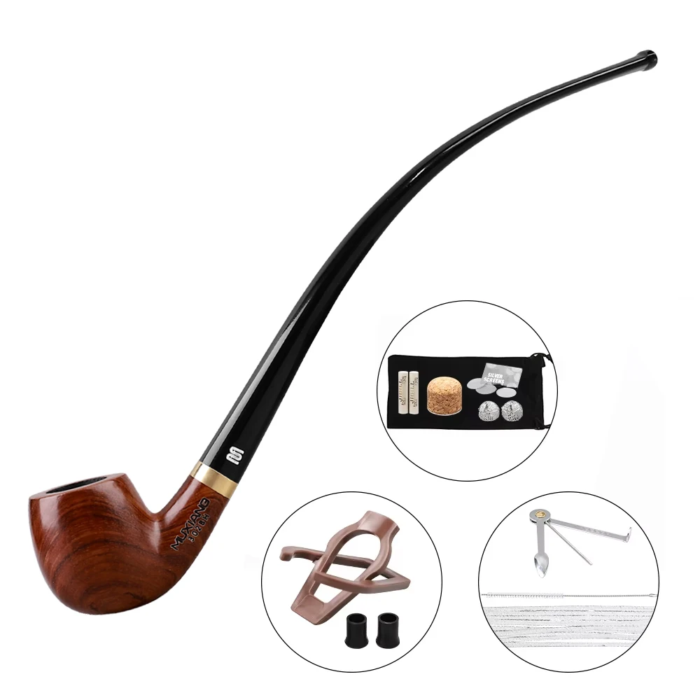 JIBILL Churchwarden Curved Sandalwood Tobacco Pipe Long Stem Reading Smoking Pipe with Cleaning Tool Gift for Dad