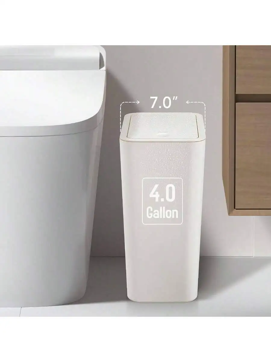 

4 Gallon Press Top Trash Can With Lid Plastic Wastebasket For Bathroom Bedroom Office