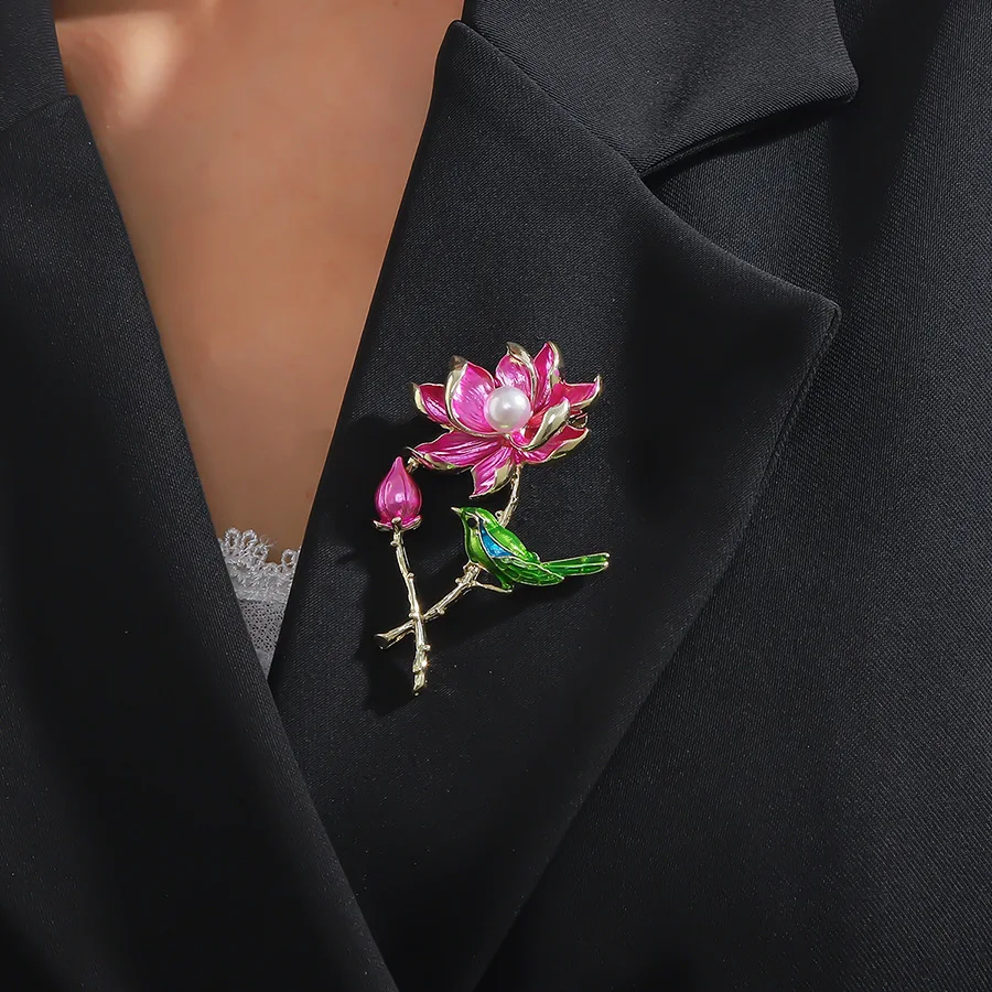 النمط الصيني الرجعية العقعق لوتس بروش المرأة الراقية رائعة شيونغسام Hanfu رسمت النفط الطيور الصدر زهرة معطف دبوس #5