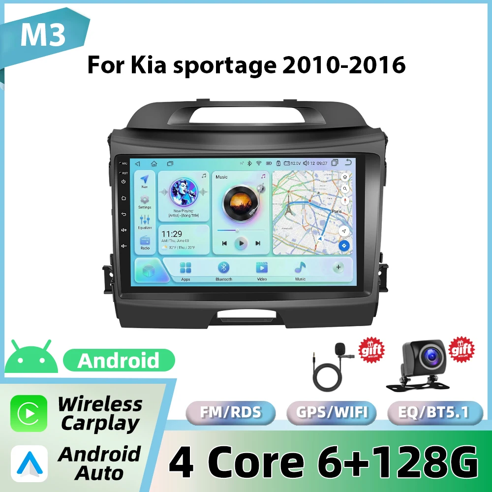 Podofo 9'' autoradio voor Kia Sportage 2010-2016 met draadloze CarPlay, Android Auto, multimediasysteem, WIFI, GPS, FM/RDS, BT head unit - afbeelding 1