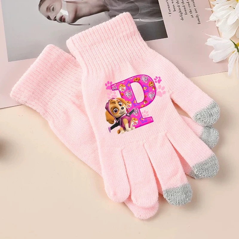 Paw Patrols Girls Knitted Gloves Skye Anime Letter A-Z Screen Gloved Kids Winter Warm Clothing Accessory Children Gift Hot Sales