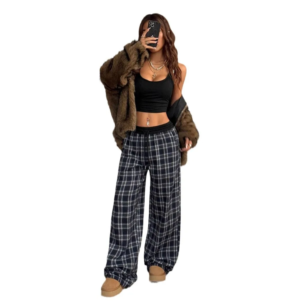 2025 Autumn New Fashionable Loose Elastic Waist Home Checkered Pattern Casual Pants