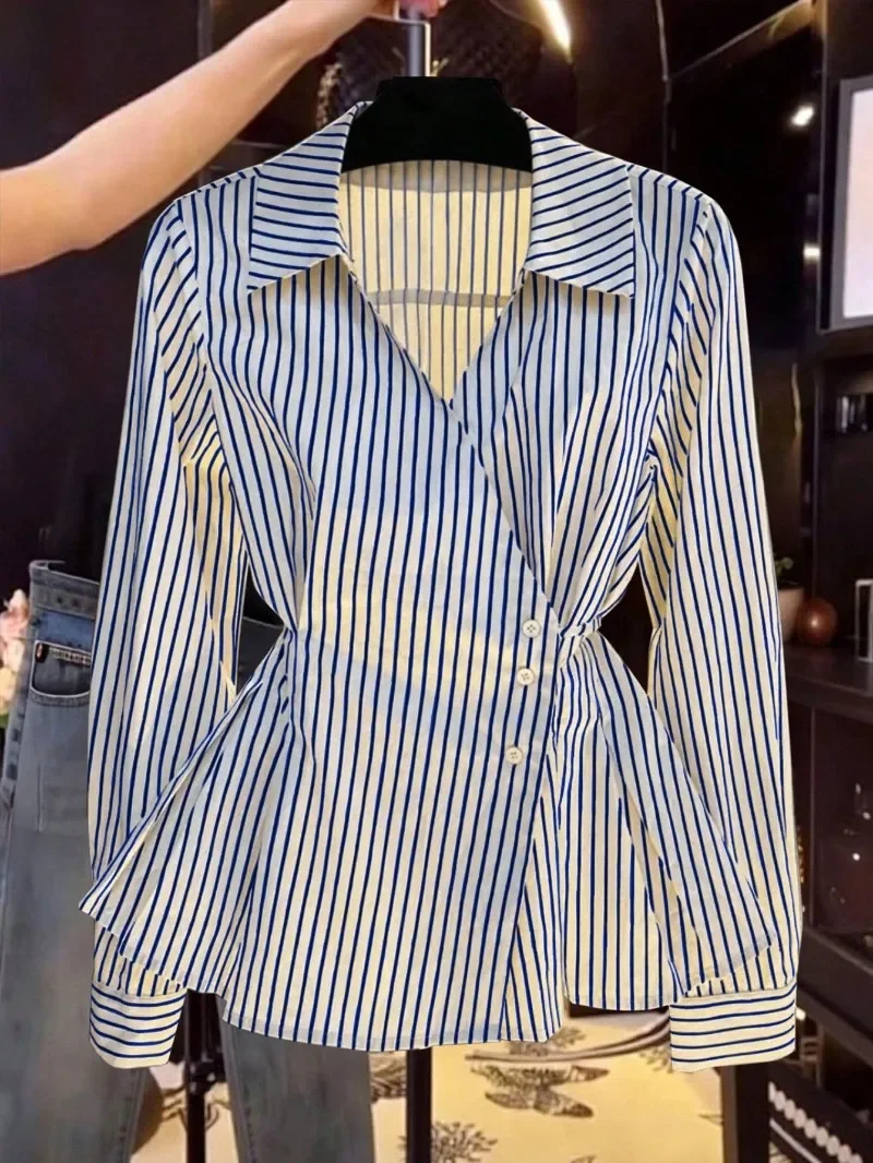 Japanese Striped Shirt Women Long Sleeve Bandage Slim Blouse Button Down Tunic Tops Summer Vintage Preppy Basic Blouse Shirt
