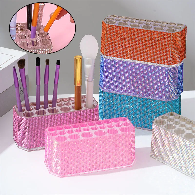 

26 Holes Nail Brushes Storage Box Rhinestone Diamond Acrylic Nail Tools Stand Organizer Nail Art Brushes Storage Showing Shelf