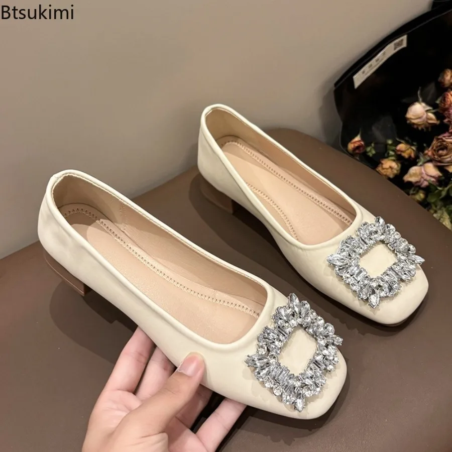 New Arrivals Women Soft Leather Shoes Comfortable Leather Luxury Crystal Fashion Flats Low Heel Pumps Female Elegant Dress Shoes