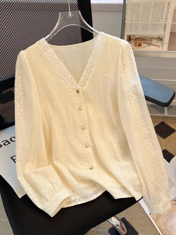 

Женская универсальная блузка с V-образным вырезом и кружевной отделкой, с длинными рукавами, для осени, зимы и весны, из полиэфирного волокна, прямого кроя, с эффектом омоложения
