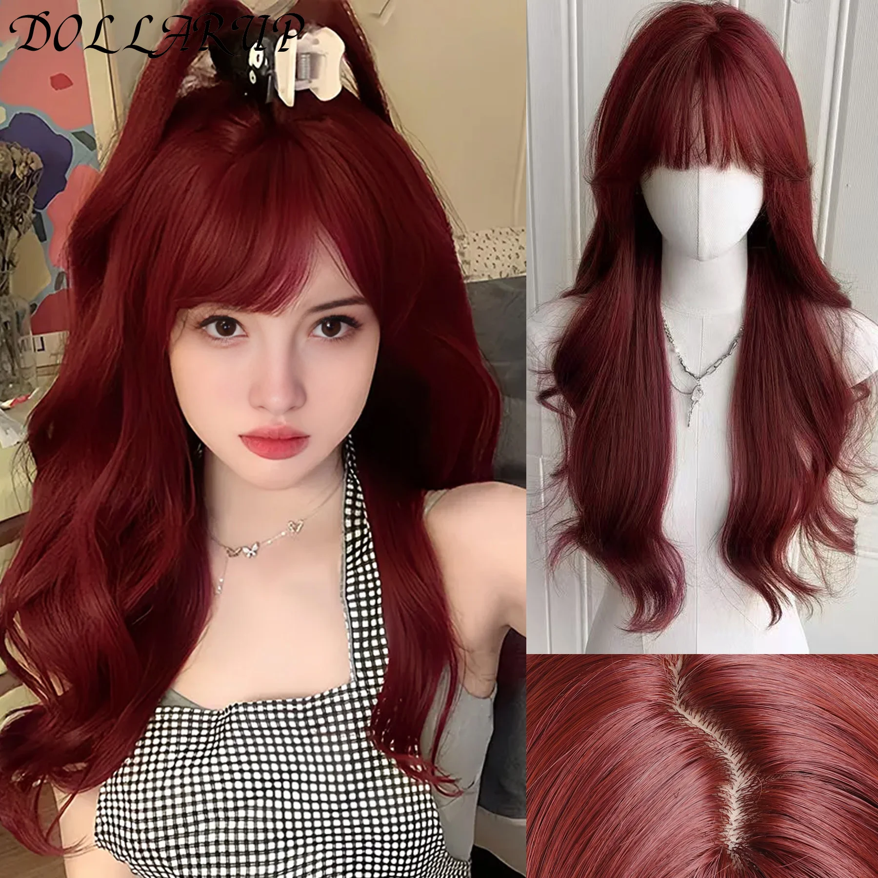 

DOLLARUP 24 Inch Red Curly Wave Synthetic Wig Heat-Resistant Natural Smooth Hair Stylish Party Wigs For Women