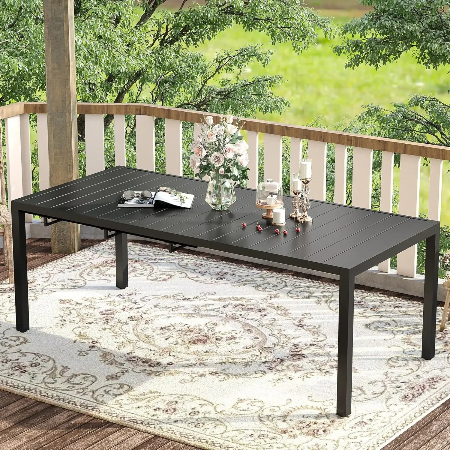 VICLLAX Expandable Patio Table, Metal Rectangle Outdoor Dining Table for 8, 6, 4 Person, Patio Dining Table for Lawn Garden