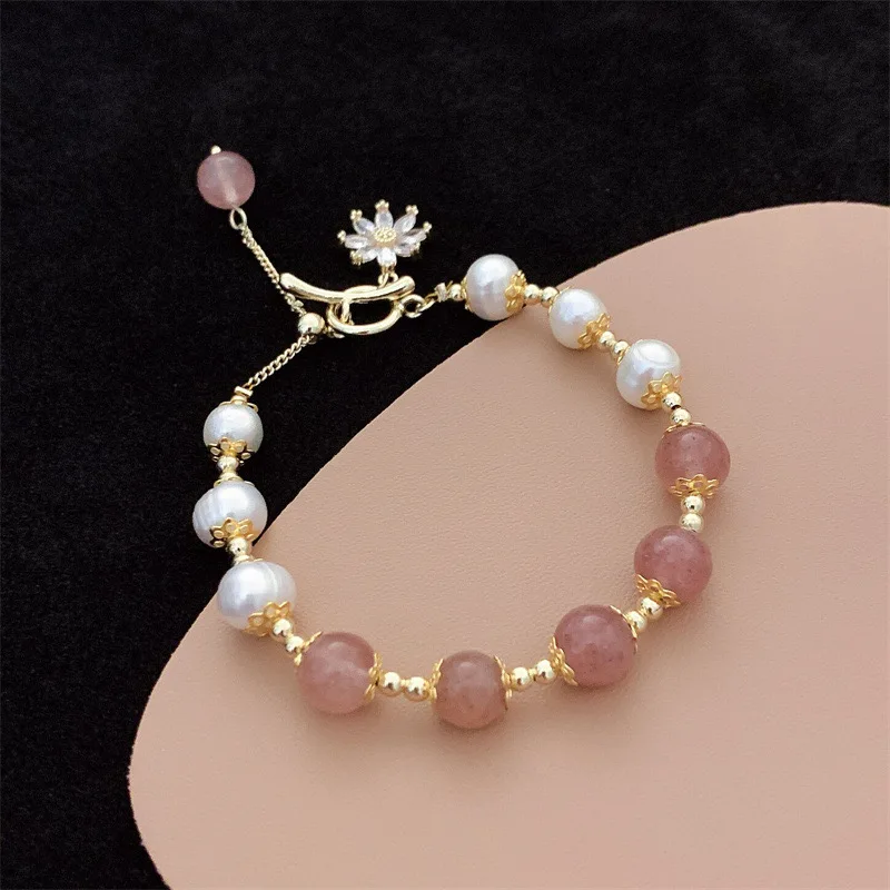 New Arrival Elegant Sunflower 14K Gold Filled Natural Freshwater Pearl & Strawberry Quartz Ladies Charm Bracelets Jewelry Gifts