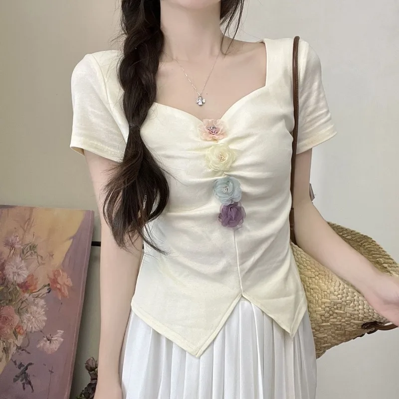 Nice Femme Summer Korean Fashion Jacquard Solid Color V-neck Short Sleeve Women Clothes Fashionable Dreidimensionale Blumen Card