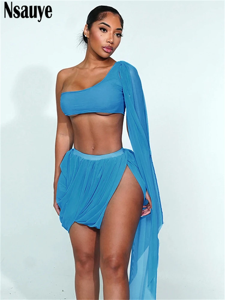 

Nsauye женские праздничные пляжные топы на одно плечо с длинным рукавом, мини-высокая короткая юбка с разрезом, сексуальный элегантный комплект из 2 предметов для ночного клуба