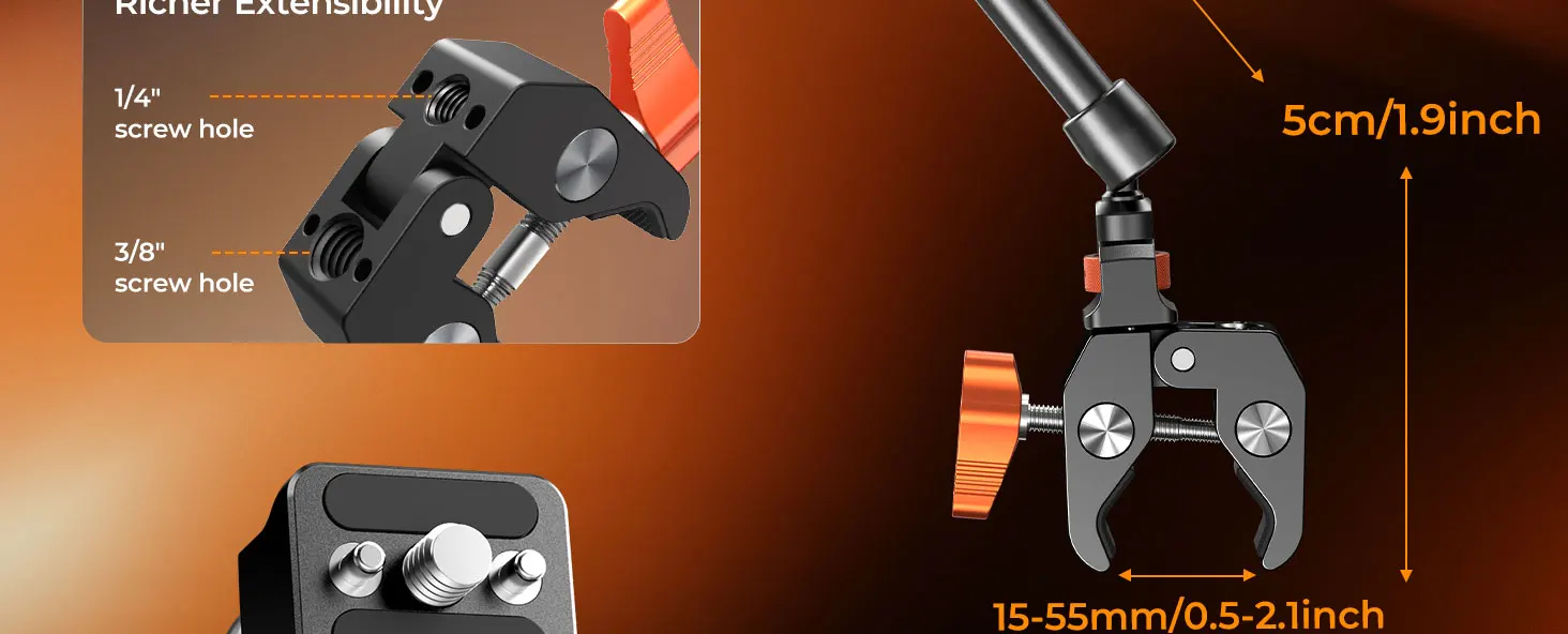 K&F CONCEPT Magic Arm Klemme mit Super Clamp ARRI 1/4" 3/8" Gewindeschraube 360° ° Kugelkopf-Arm mit Cold Shoe 11-Zoll-Klemmhalterung MS33 – Detail 5