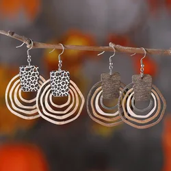 New Bohemian Ring Three Dimensional Leopard Pattern Gradient Hollow Pendant Earrings Wooden Double sided Earrings Gift