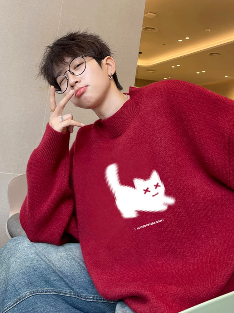 

Мужской вязаный свитер Red Wine с высоким воротником, осень-зима, японский свитер Lazy Sle Base irt для студентов