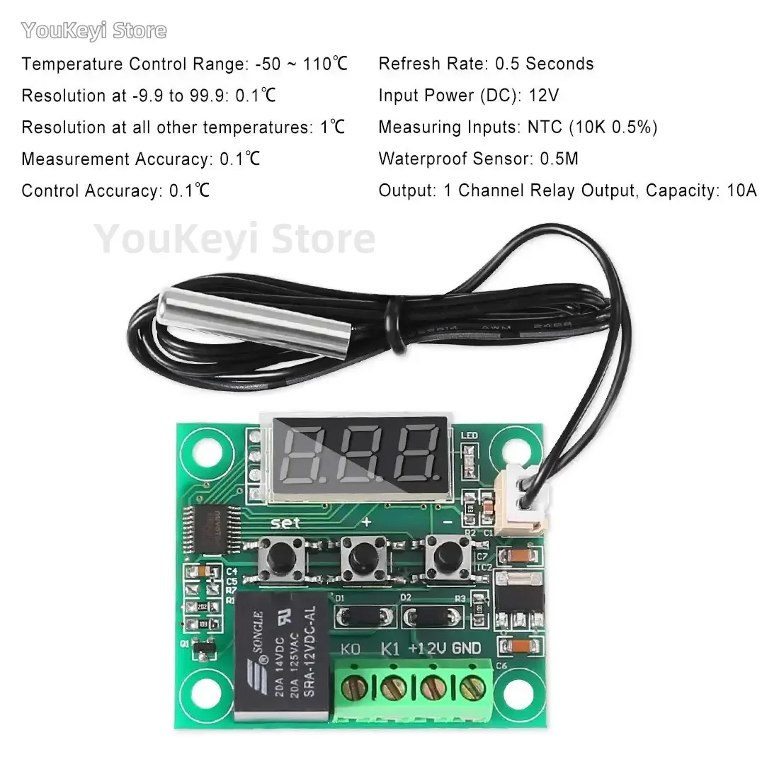 2PCS Temperature Controller Module with Case XH W1209 LED Display Digital Thermostat Module with Waterproof NTC Probe -50~110