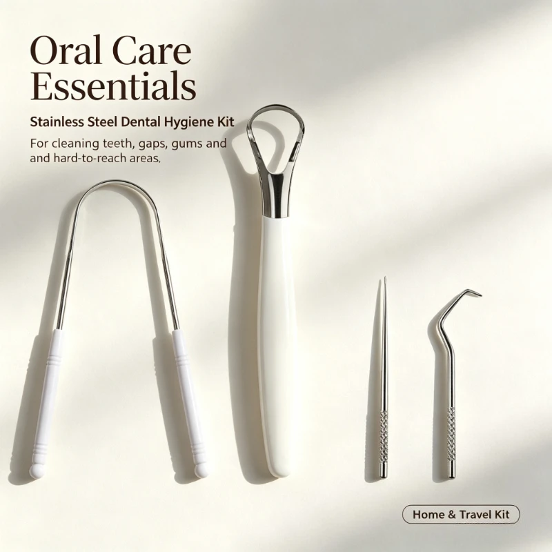4Pcs Stainless Steel Tongue Scraper Oral Care Kit,White Handle U-Shaped Tongue Cleaner,Double Head Tongue Brush & Dental Tartar