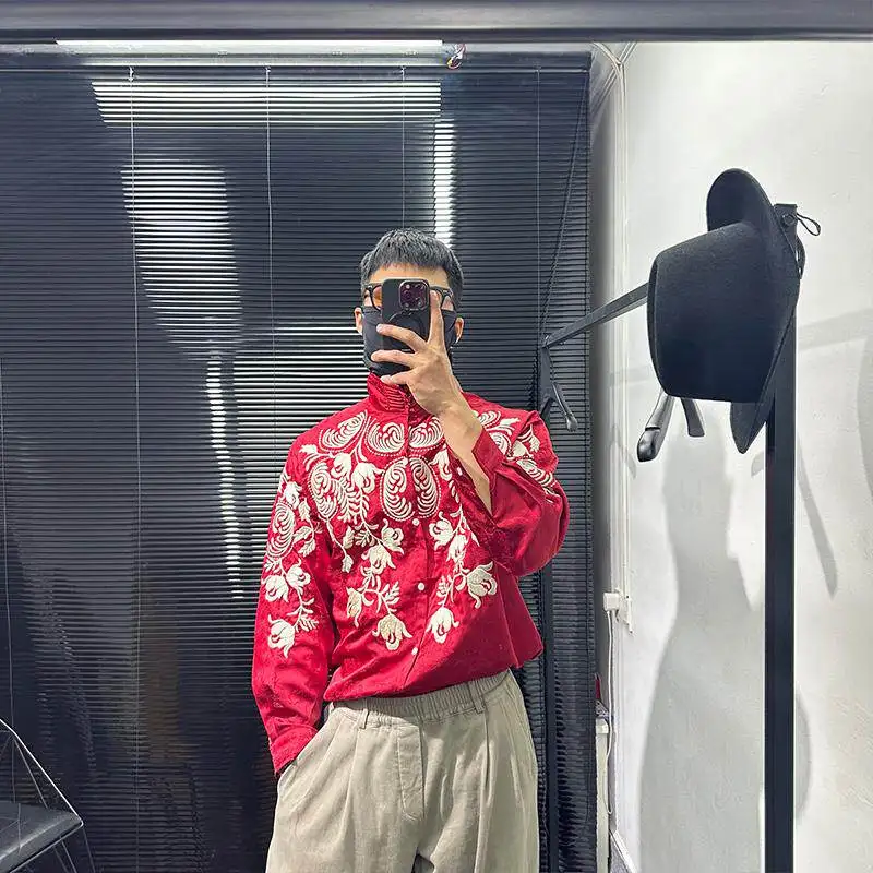 New Chinese Style Heavy Industry Flower Embroidery Design Stand Collar Loose Shirt Men's National Retro Long-Sleeved Red Top
