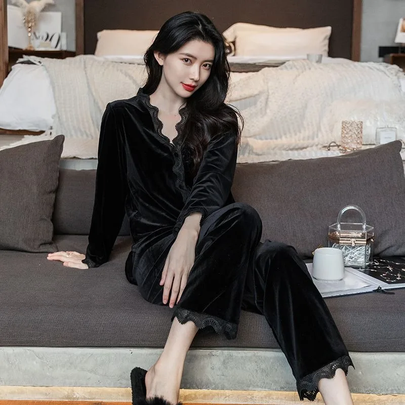 2024 New Pajama Women's Autumn Winter Long Sleeved Cardigan Sleepwear Set Spring Golden Velvet Sexy Lace Loose V-neck Homewear