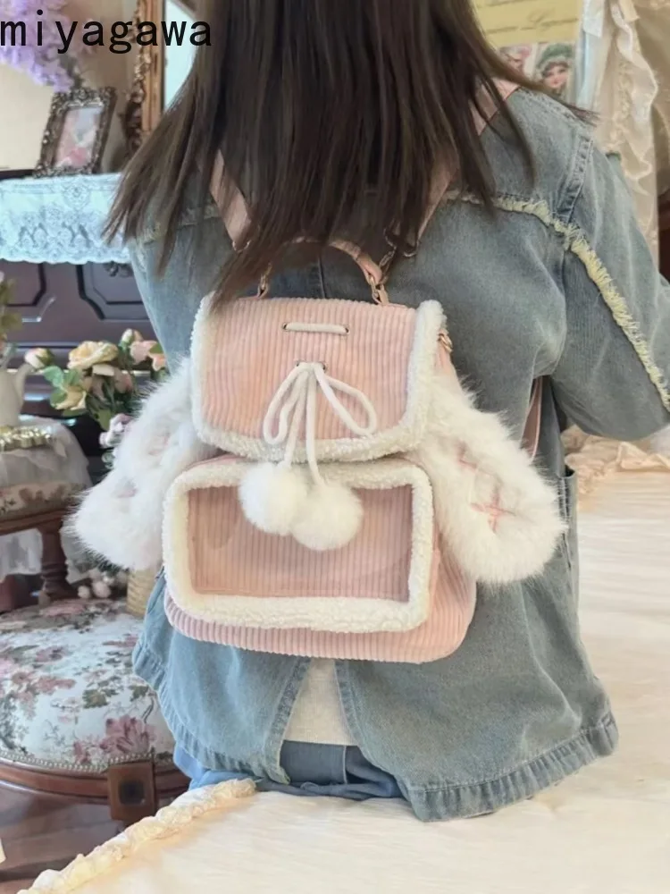 Miyagawa 2024 Autumn Winter New Pain Bag Pink Rabbit Ears Cute Fury Backpack Casual Simple Versatile Backpacks