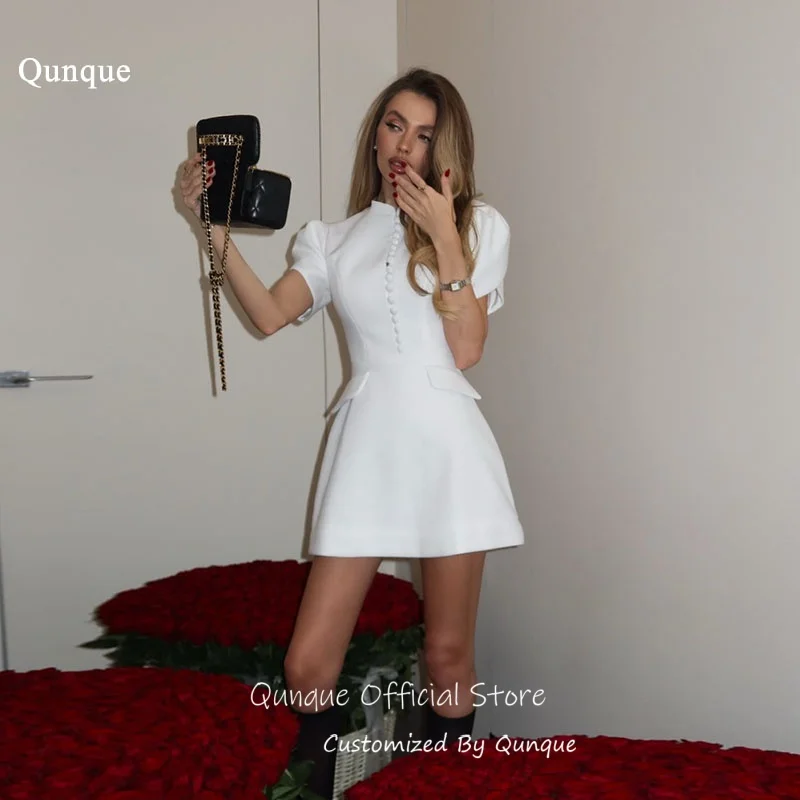

Qunque White Mini Front Button Prom Dresses A Line Puffy Sleeves Homecoming Dresses High Neck Cocktail Party Gowns Customized