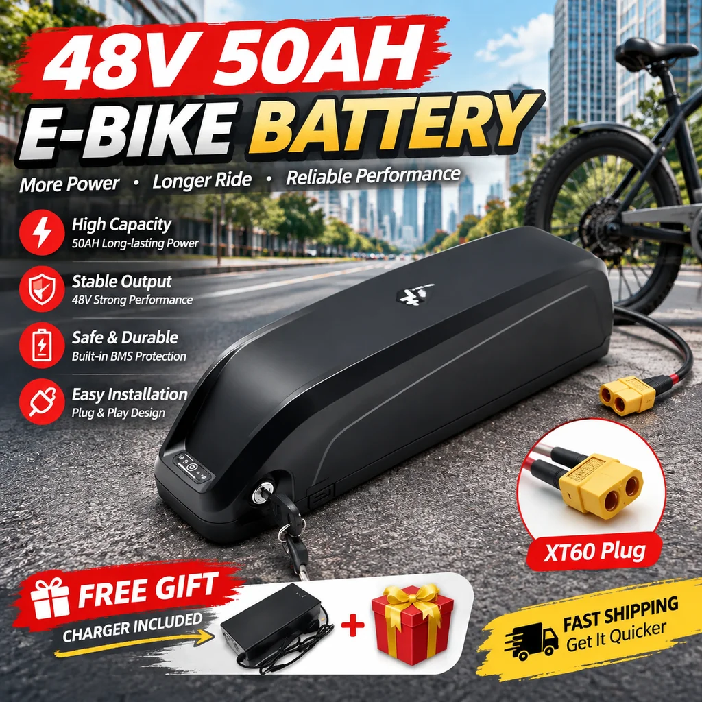 48V 50Ah Hailong E-Bike Lithium-Akkupack, wiederaufladbarer Akku mit XT60-Stecker und Ladegerät für Elektrofahrräder