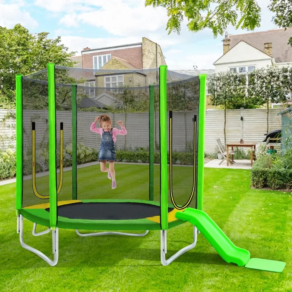 

Kids Trampoline with Safety Enclosure Net, Slide and Ladder, Easy Assembly Round Outdoor Recreational Trampoline