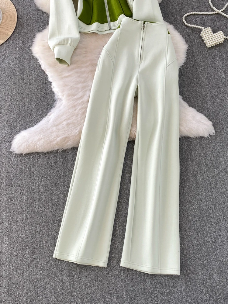 طقم رياضي كاجوال مكون من قطعتين تصميم خريفي للسيدات جاكيت بقلنسوة وسحاب ملون متباين + بنطال تنحيف عالي الخصر #3