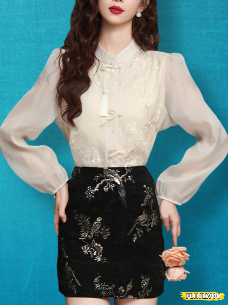 Hot Chinese Style Chi-pao Collar Design Button Embroidery Tops 2024 Summer Women Date Girls Elegant Retro Shirt Blouse Vintage