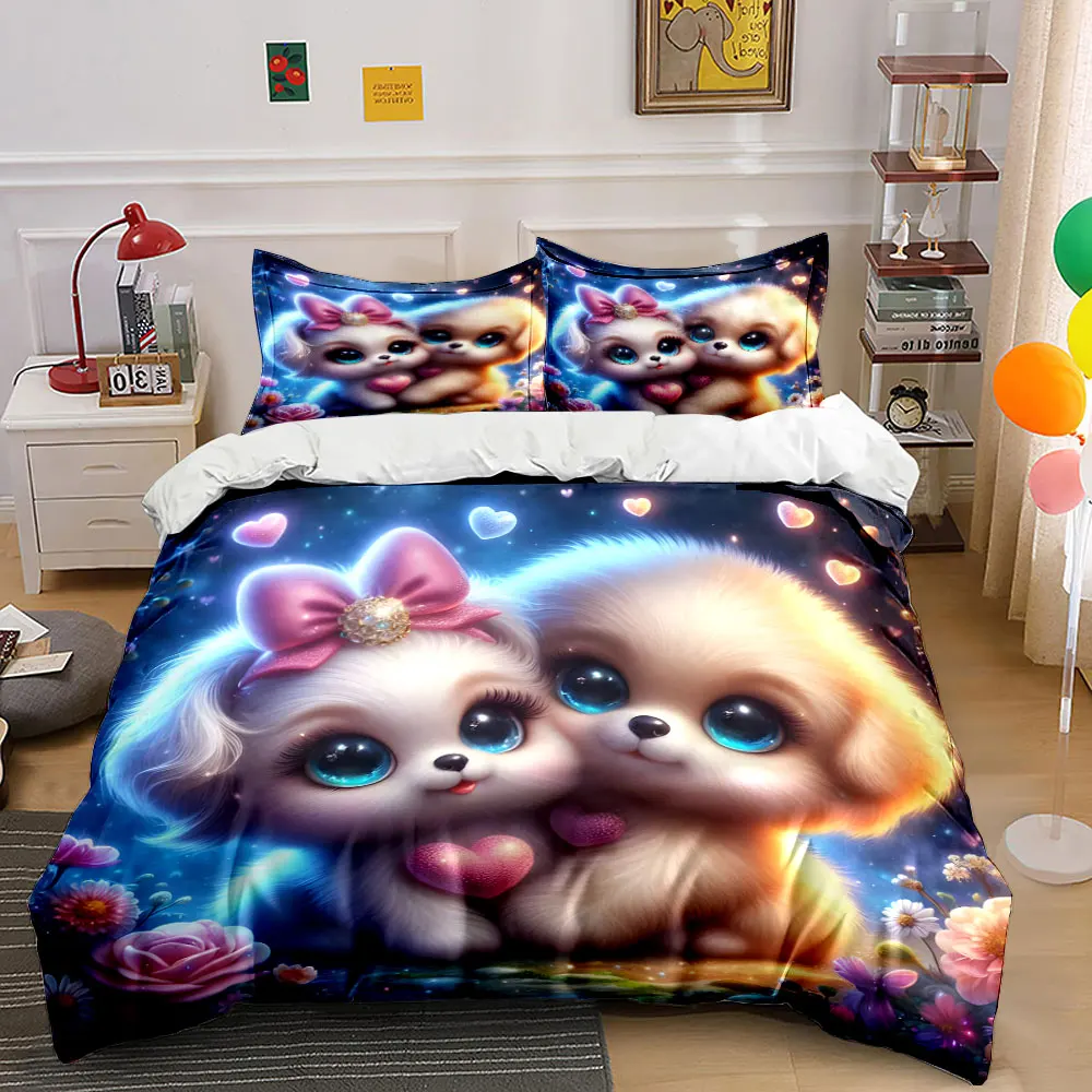 Cute dog with flowers in magical night Print Soft Comfortable Duvet Cover Bedding Set Included 1*Duvet Cover 2*Pillowcases